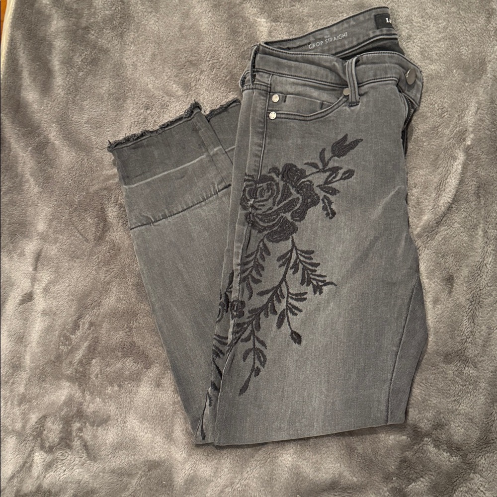 Liverpool crop straight raw edge embroidered jeans